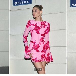 Commense Pink and Red Floral Long Sleeve Dress